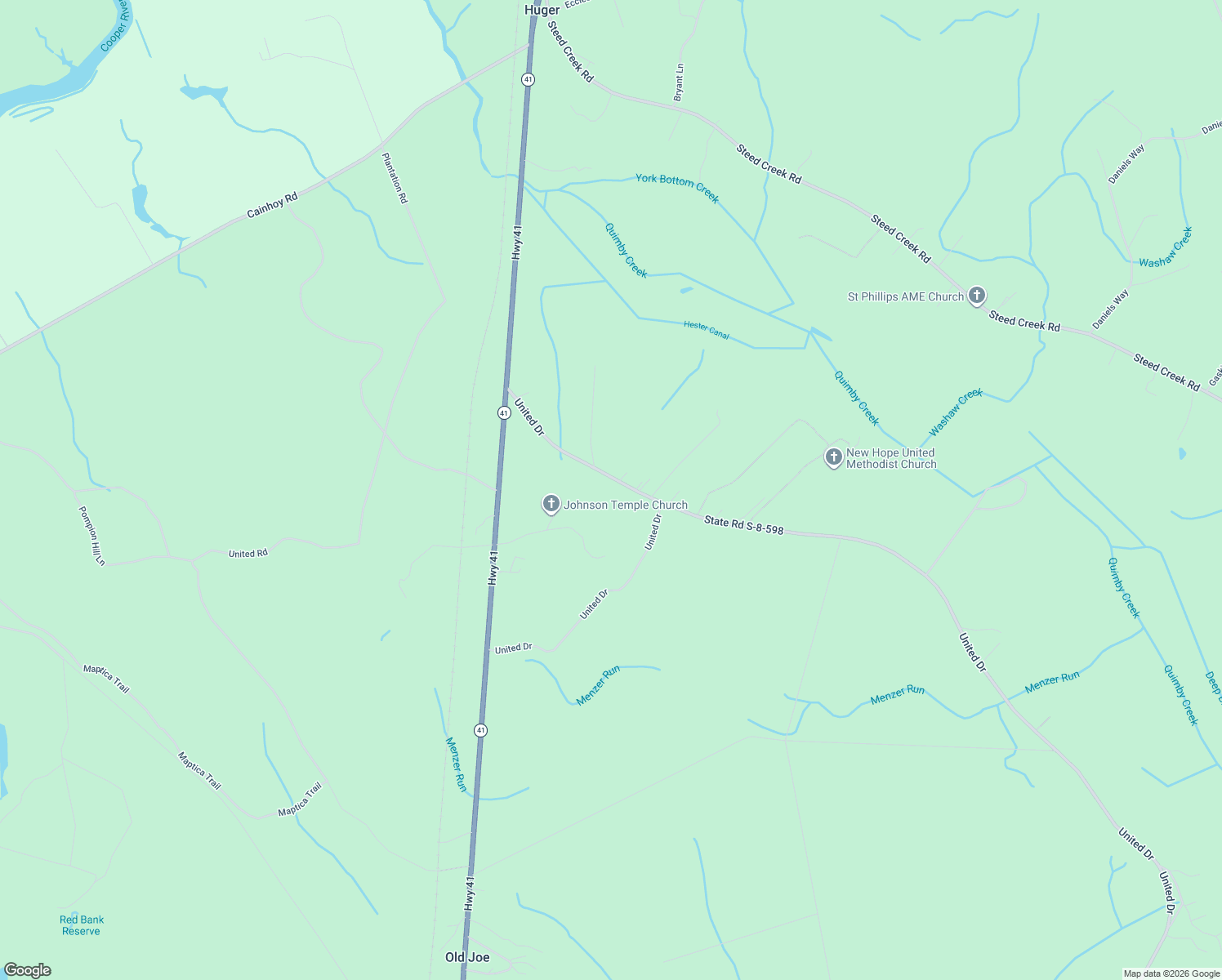map of restaurants, bars, coffee shops, grocery stores, and more near 1079 United Drive in Huger