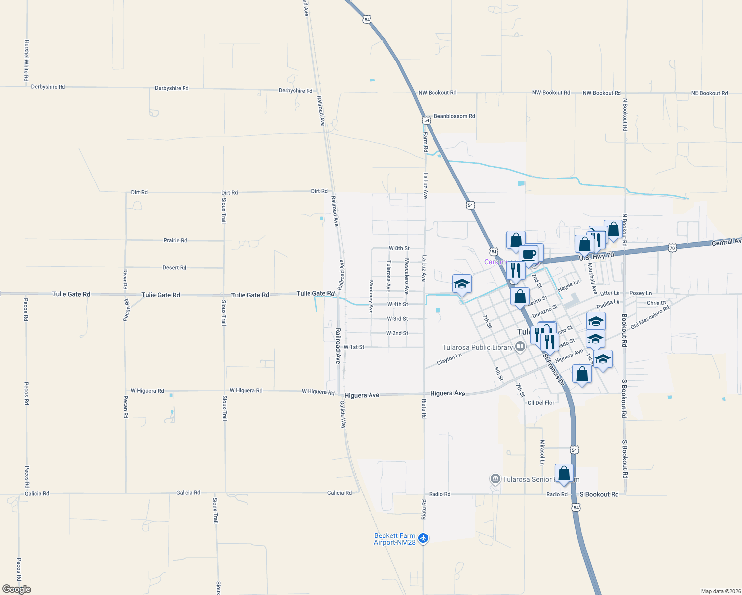 map of restaurants, bars, coffee shops, grocery stores, and more near 1400 Monterey Ave in Tularosa