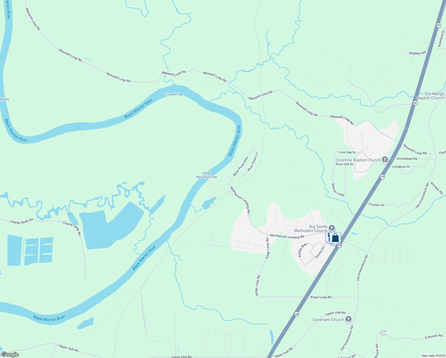 map of restaurants, bars, coffee shops, grocery stores, and more near 11671 River Point Drive in Tuscaloosa