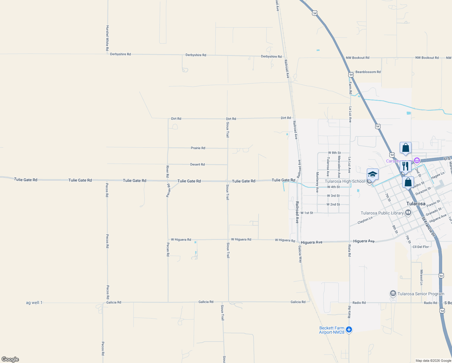 map of restaurants, bars, coffee shops, grocery stores, and more near 72 Tulie Gate Road in Tularosa