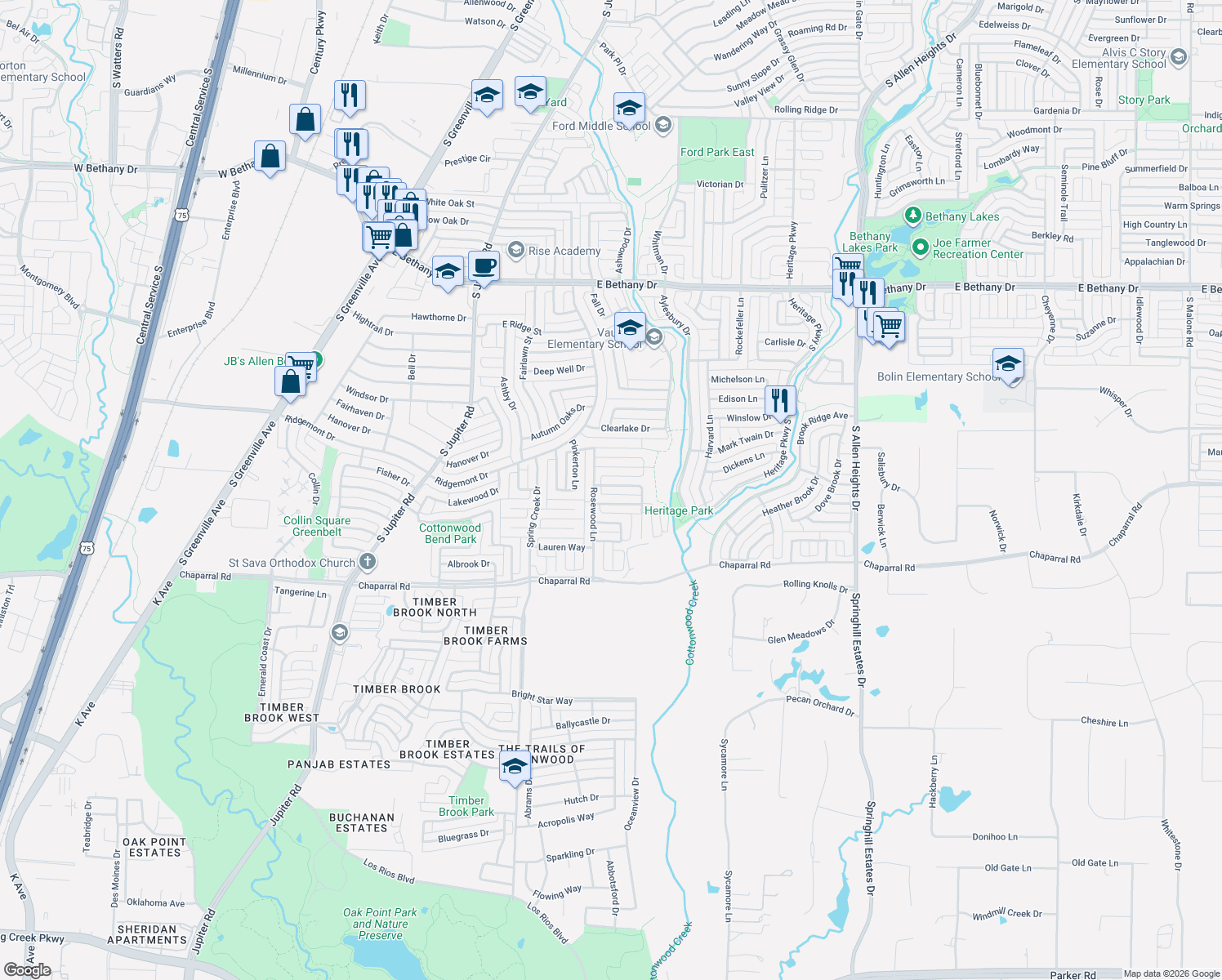 map of restaurants, bars, coffee shops, grocery stores, and more near 812 Red Tip Drive in Allen
