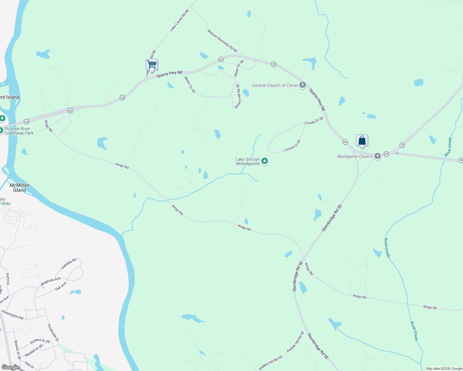 map of restaurants, bars, coffee shops, grocery stores, and more near 270 Kings Road in Milledgeville