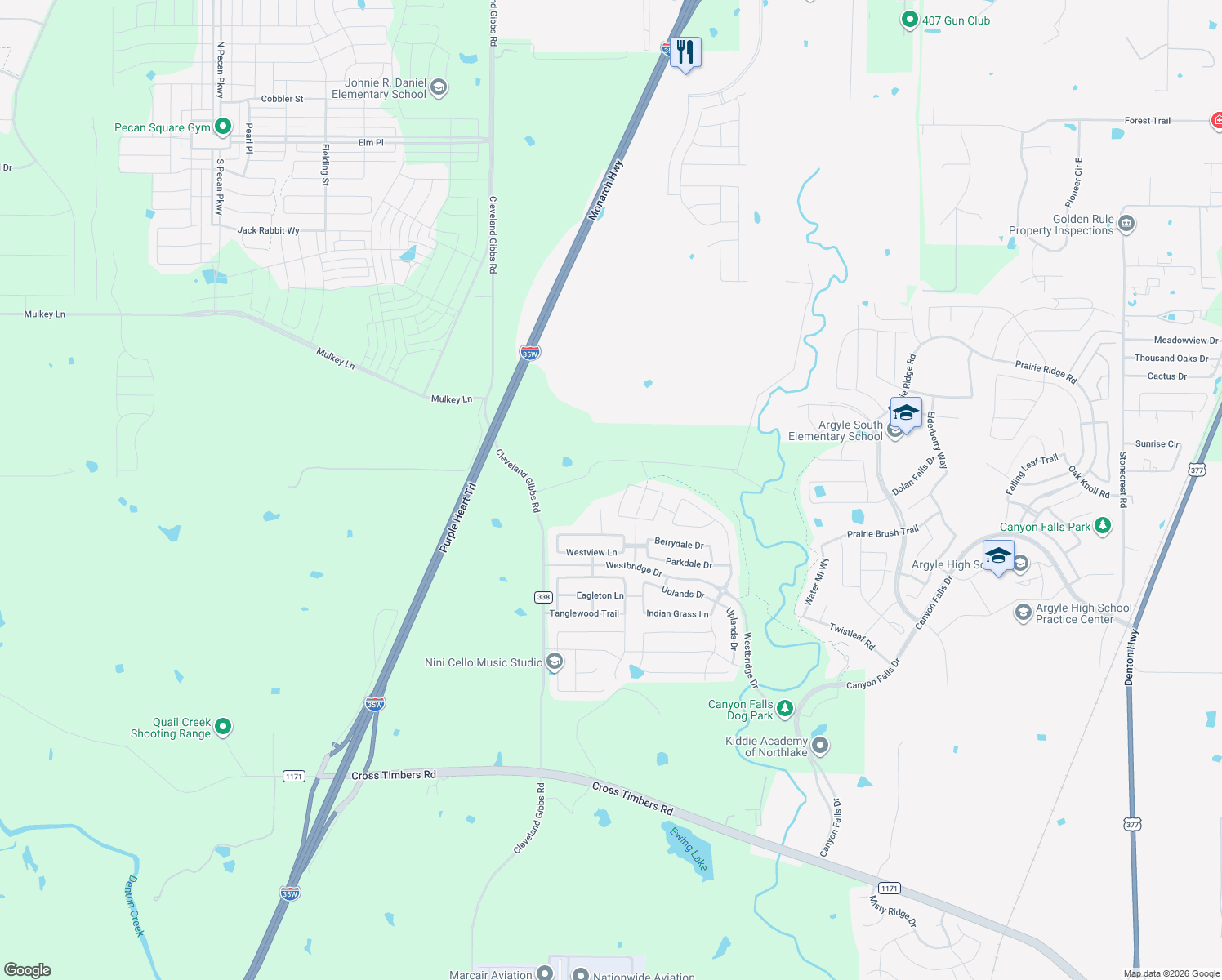 map of restaurants, bars, coffee shops, grocery stores, and more near 9804 Cleveland Gibbs Road in Northlake
