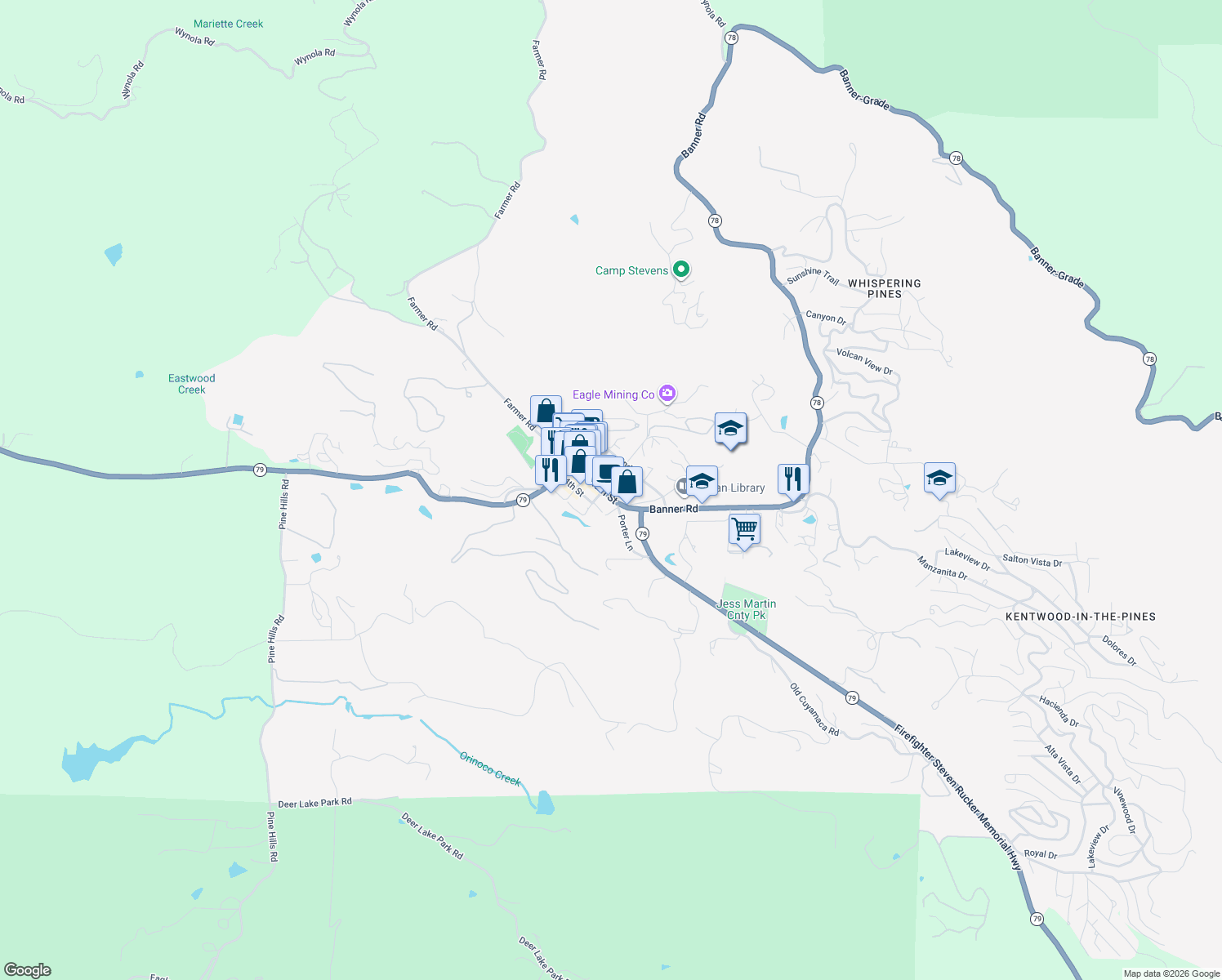 map of restaurants, bars, coffee shops, grocery stores, and more near 2617 C Street in Julian
