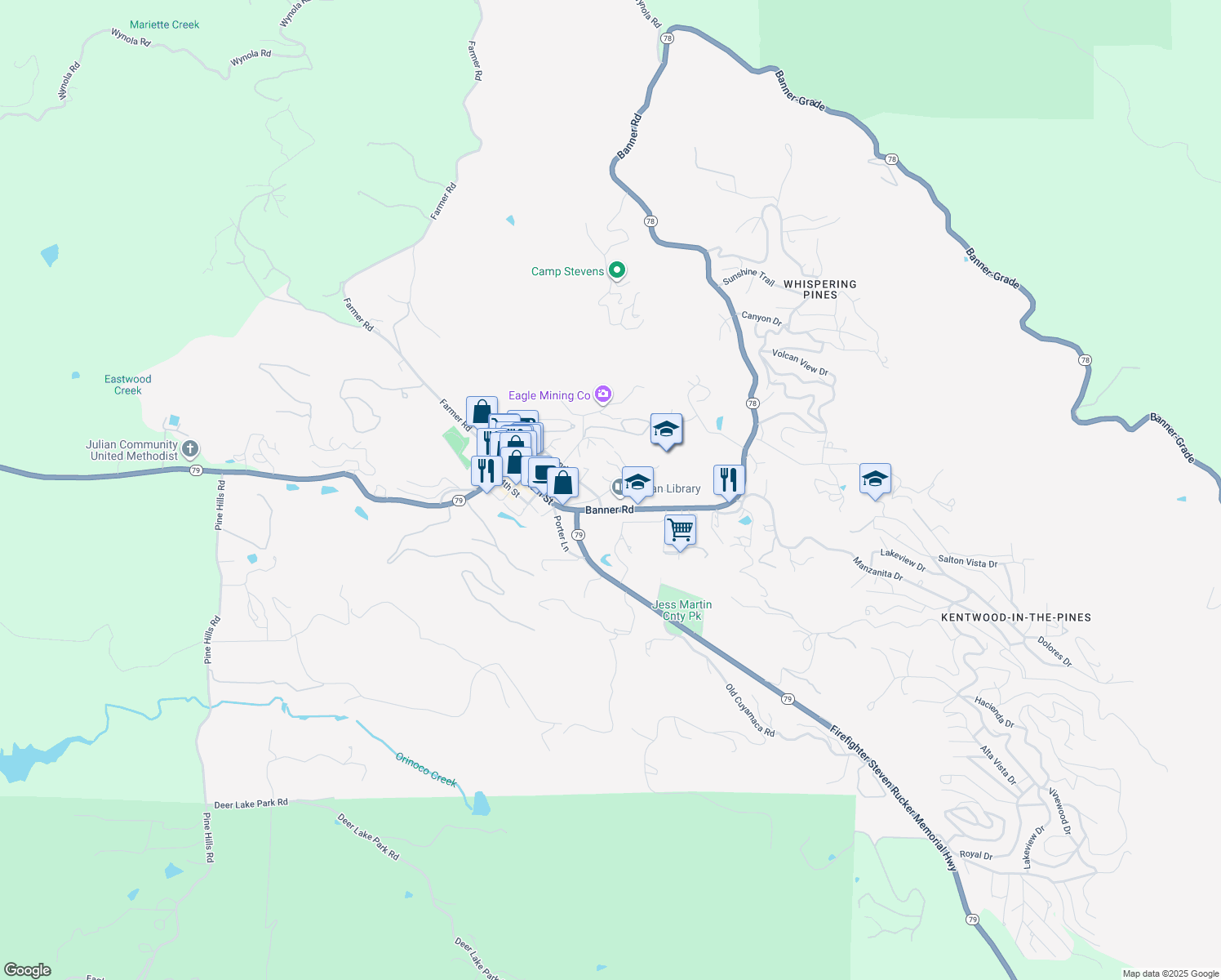 map of restaurants, bars, coffee shops, grocery stores, and more near 2396 Cape Horn Avenue in Julian