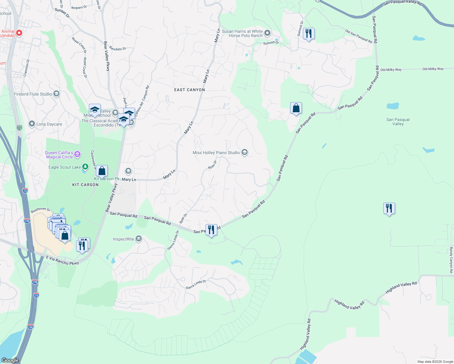 map of restaurants, bars, coffee shops, grocery stores, and more near 3340 Apostol Road in Escondido