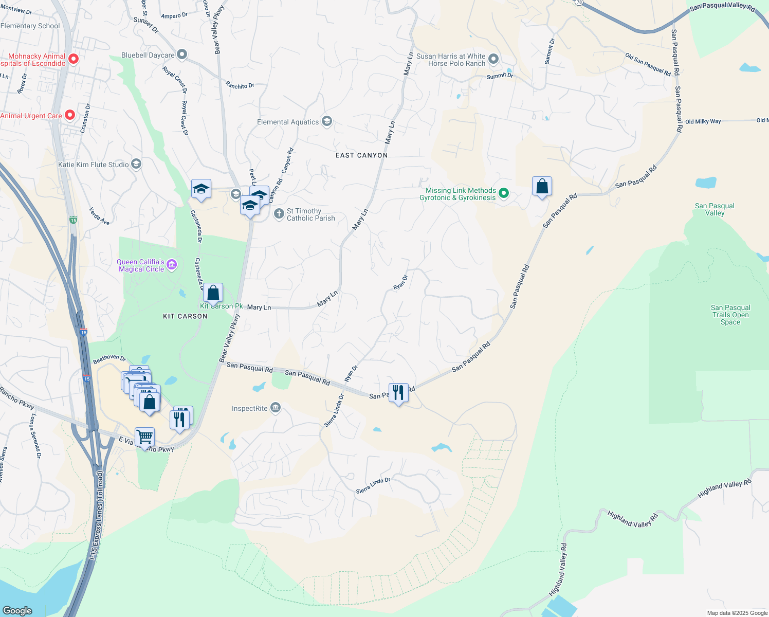 map of restaurants, bars, coffee shops, grocery stores, and more near 3324 Ryan Drive in Escondido