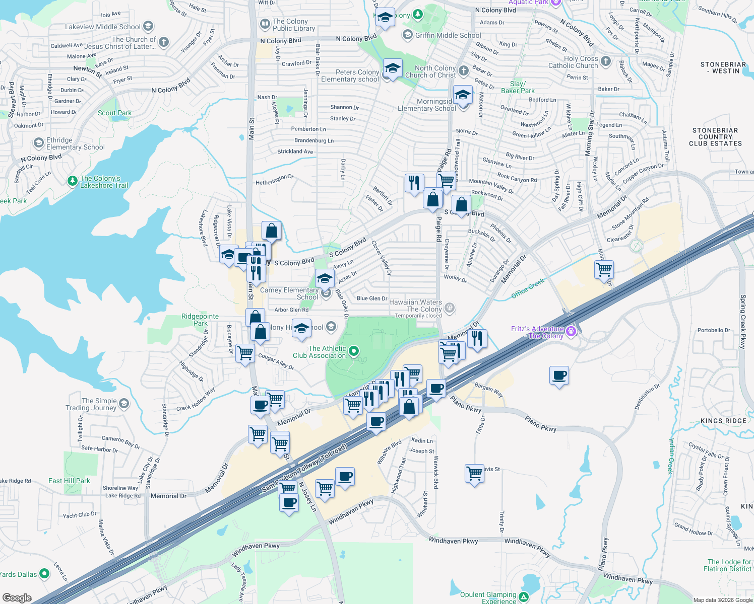 map of restaurants, bars, coffee shops, grocery stores, and more near 5056 Blue Glen Drive in The Colony