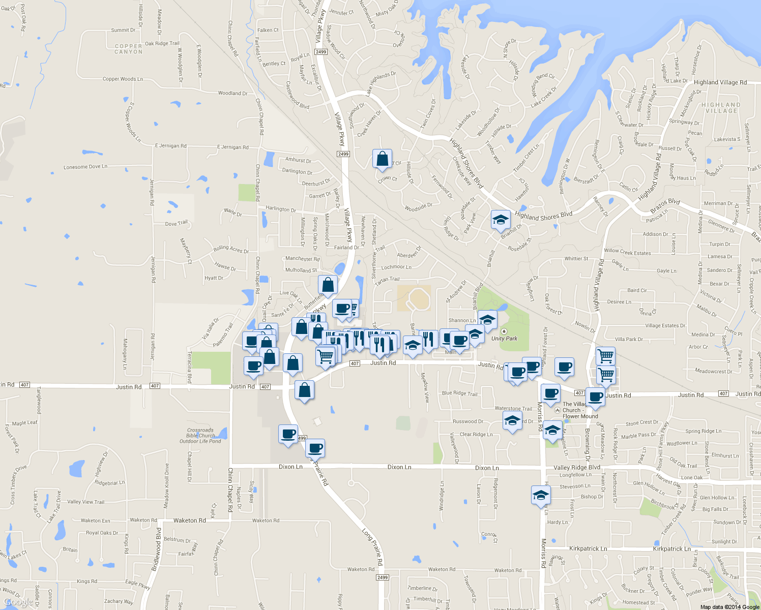 map of restaurants, bars, coffee shops, grocery stores, and more near 900 Inverness Circle in Highland Village