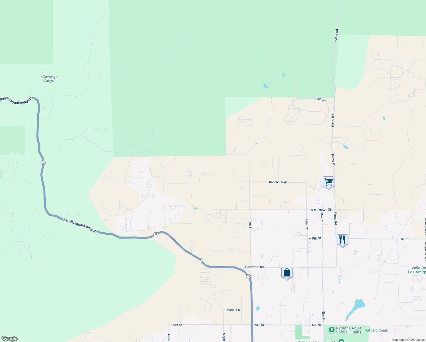 map of restaurants, bars, coffee shops, grocery stores, and more near 2090 Quail Meadow Road in Ramona