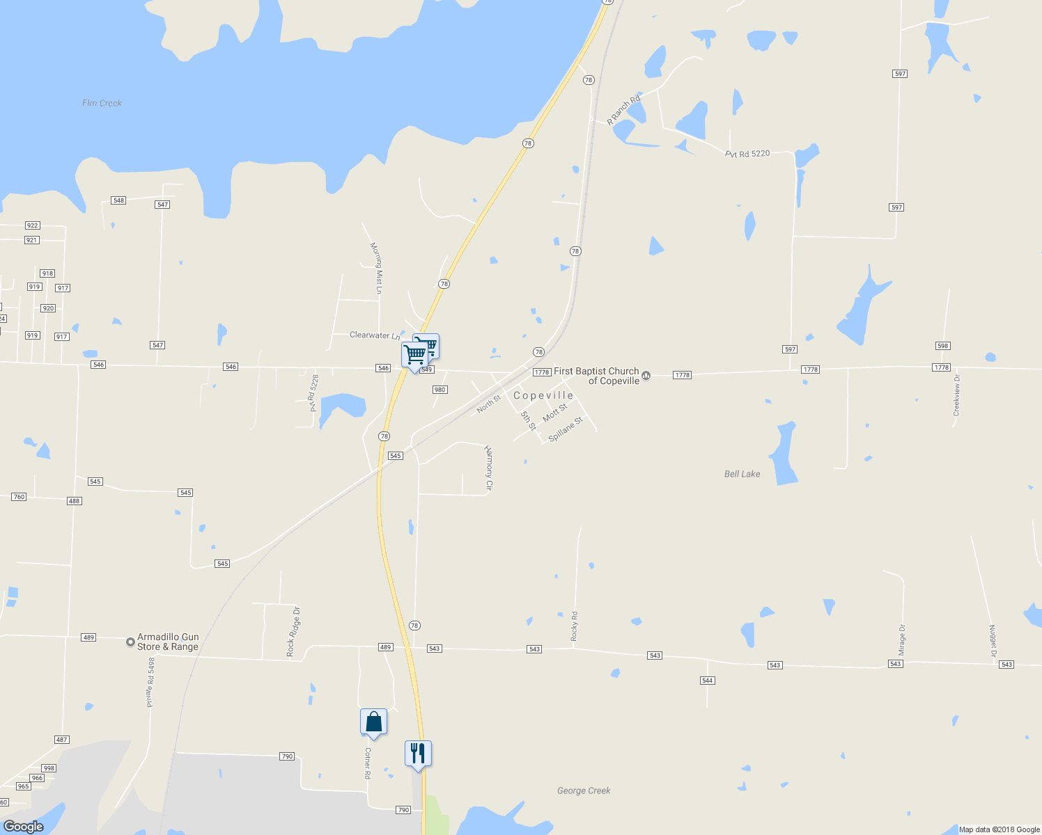 map of restaurants, bars, coffee shops, grocery stores, and more near 5542 Williams Street in Copeville