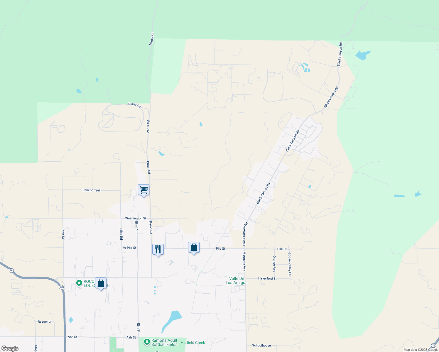 map of restaurants, bars, coffee shops, grocery stores, and more near 284 Ramona Real in Ramona