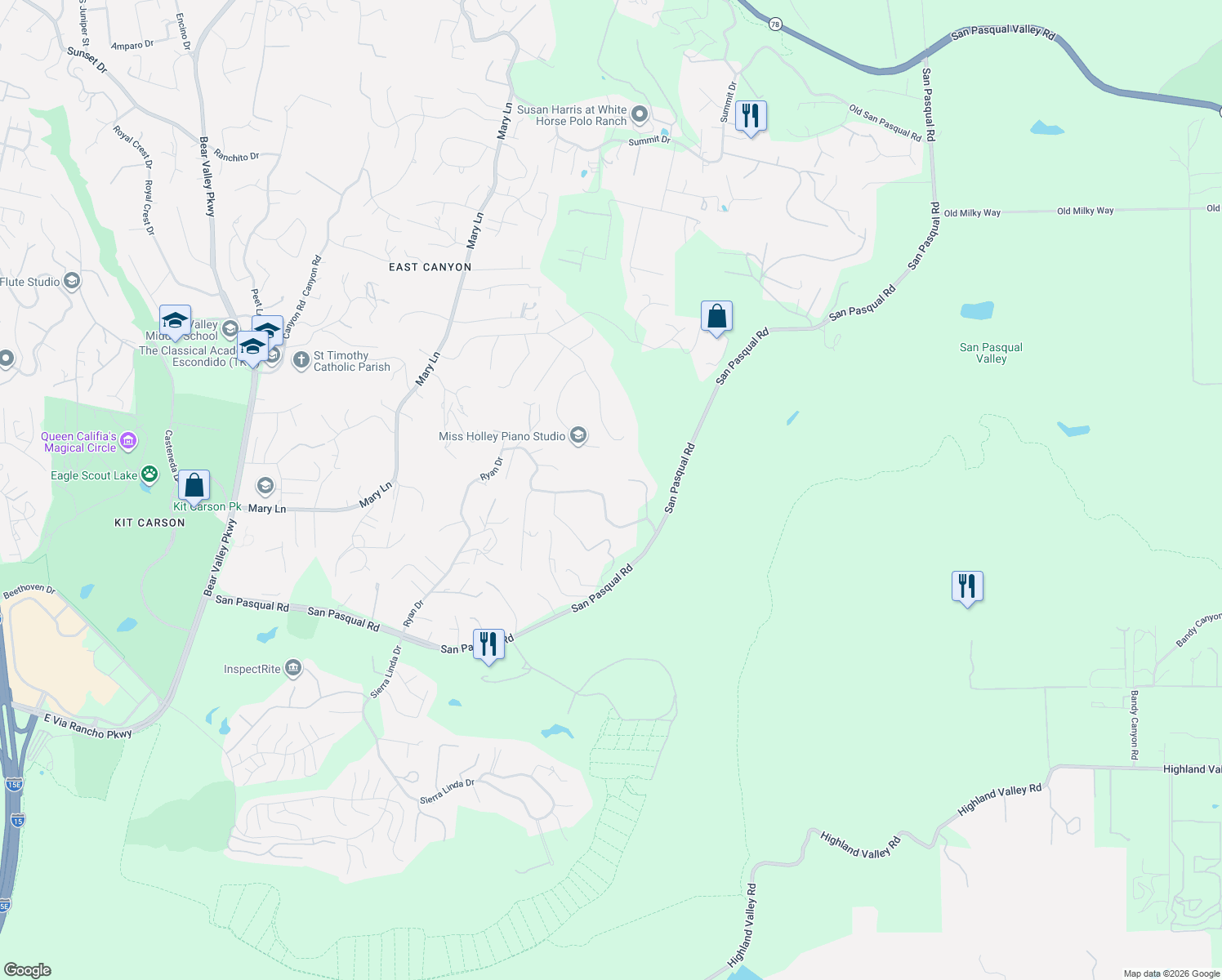 map of restaurants, bars, coffee shops, grocery stores, and more near 2848 Sunset Hills in Escondido