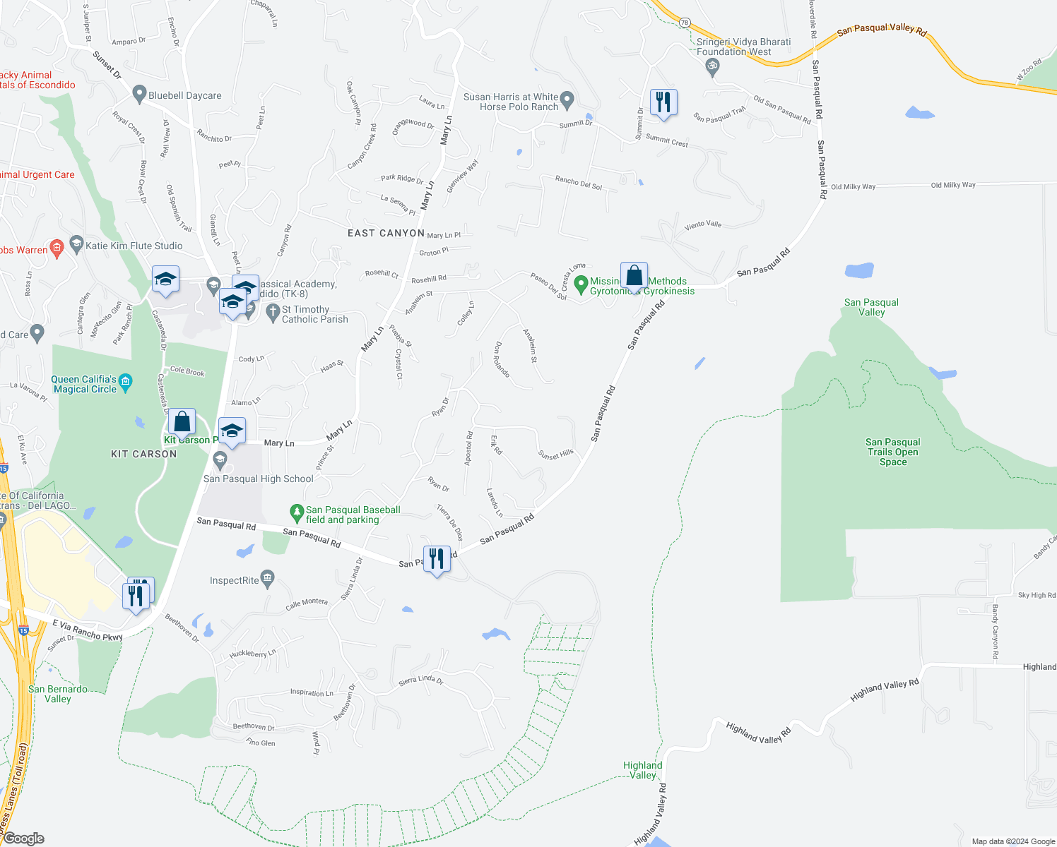 map of restaurants, bars, coffee shops, grocery stores, and more near 2830 Sunset Hills in Escondido