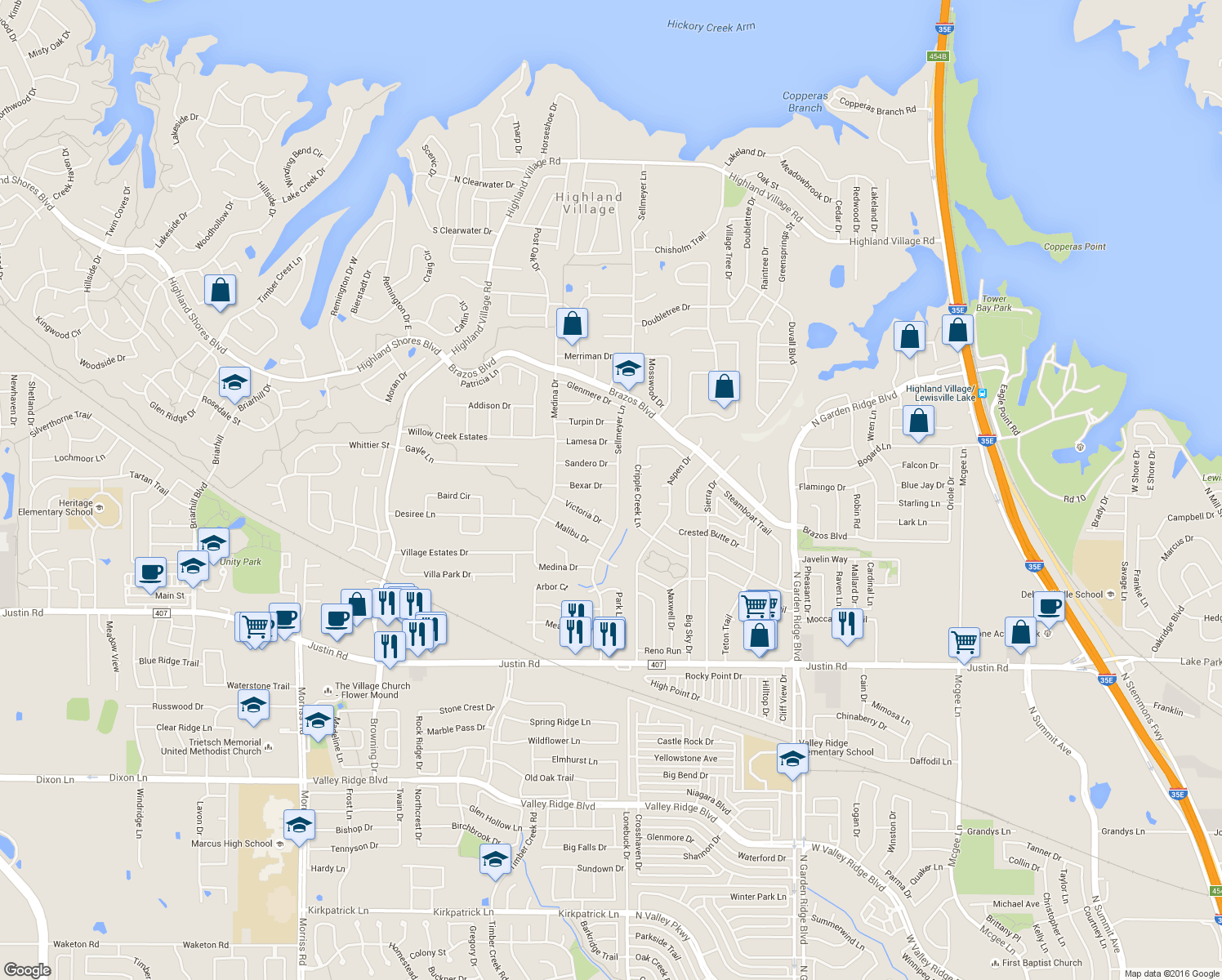 map of restaurants, bars, coffee shops, grocery stores, and more near 233 Bexar Drive in Highland Village
