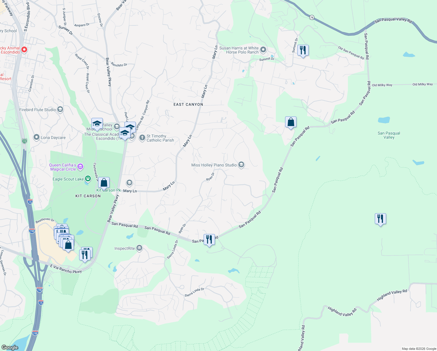 map of restaurants, bars, coffee shops, grocery stores, and more near 2621 Sunset Drive in Escondido