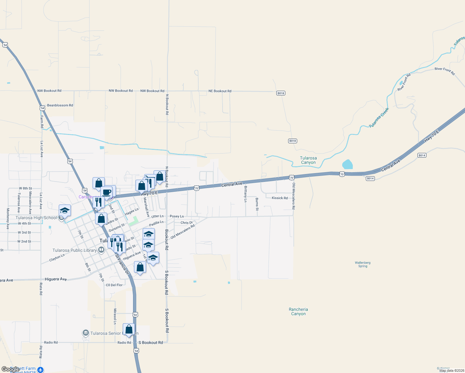 map of restaurants, bars, coffee shops, grocery stores, and more near 1100 Central Avenue in Tularosa