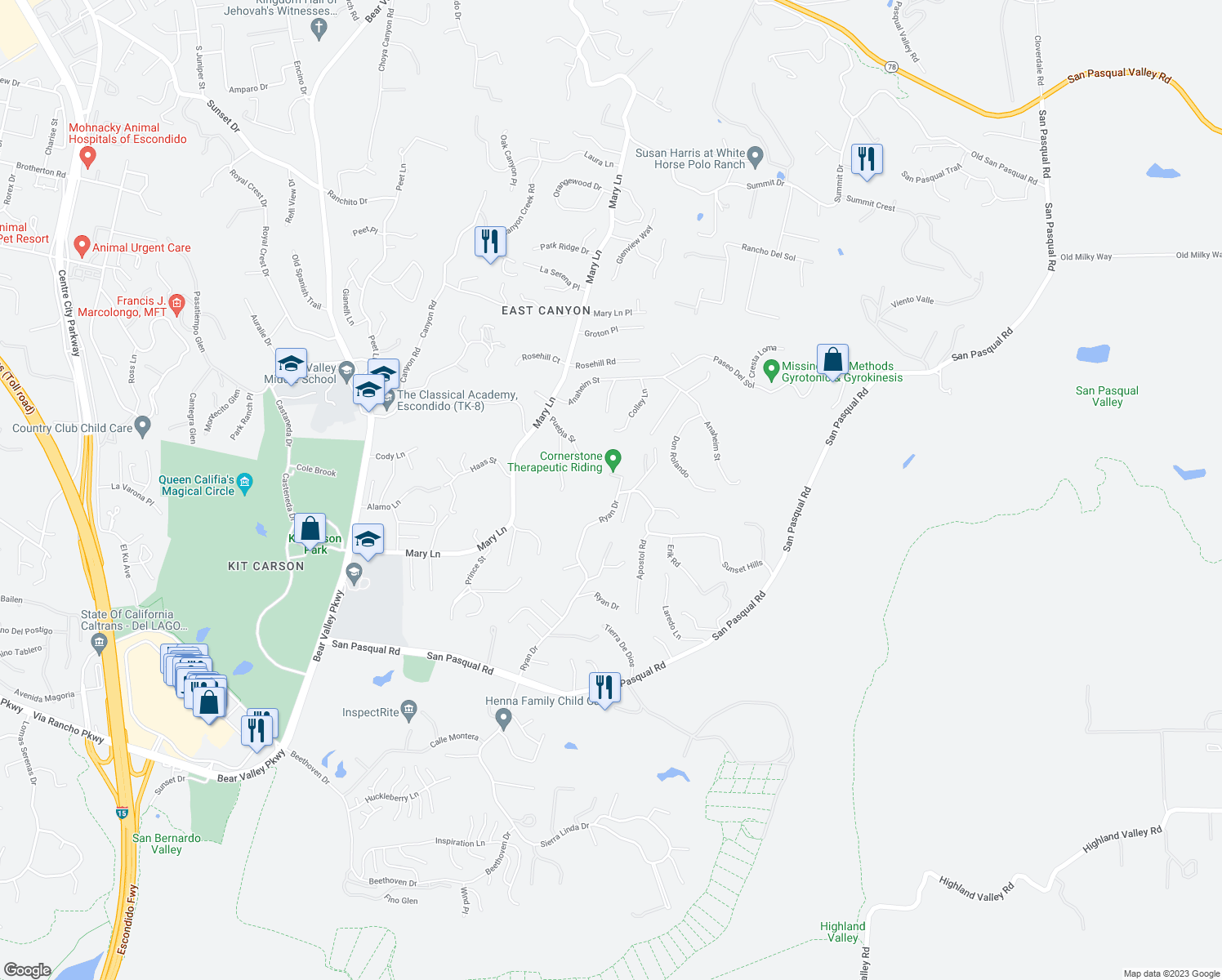 map of restaurants, bars, coffee shops, grocery stores, and more near 3143 Ryan Drive in Escondido