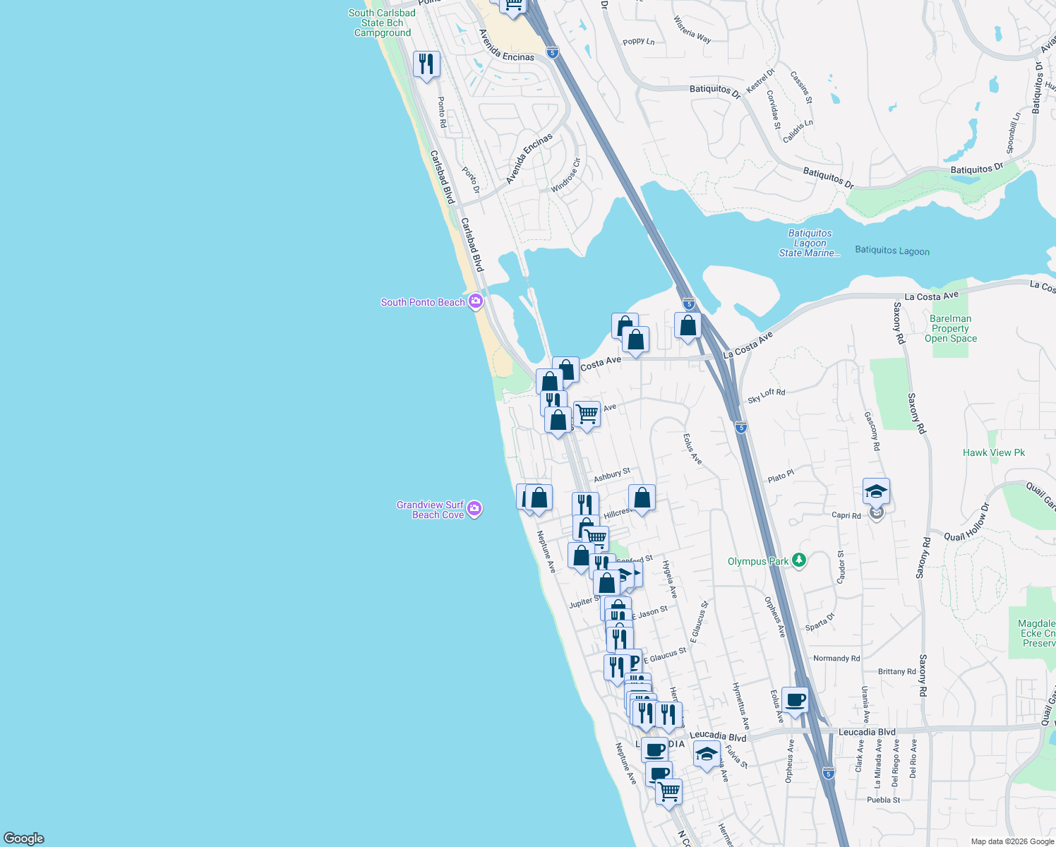 map of restaurants, bars, coffee shops, grocery stores, and more near 1844 Haymarket Road in Encinitas