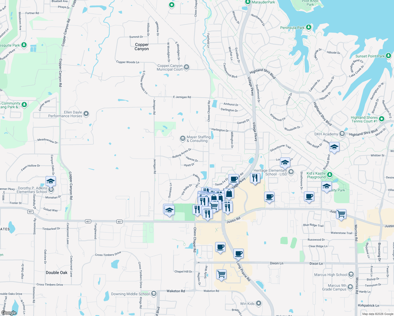map of restaurants, bars, coffee shops, grocery stores, and more near 815 Hawse Drive in Lewisville
