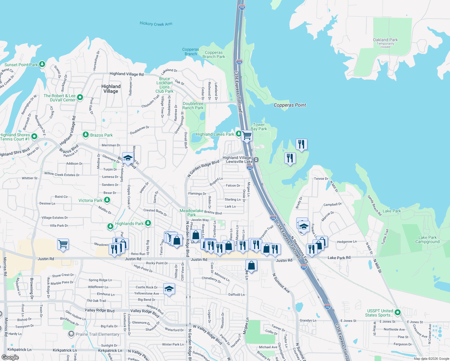 map of restaurants, bars, coffee shops, grocery stores, and more near 1332 Bogard Lane in Lewisville