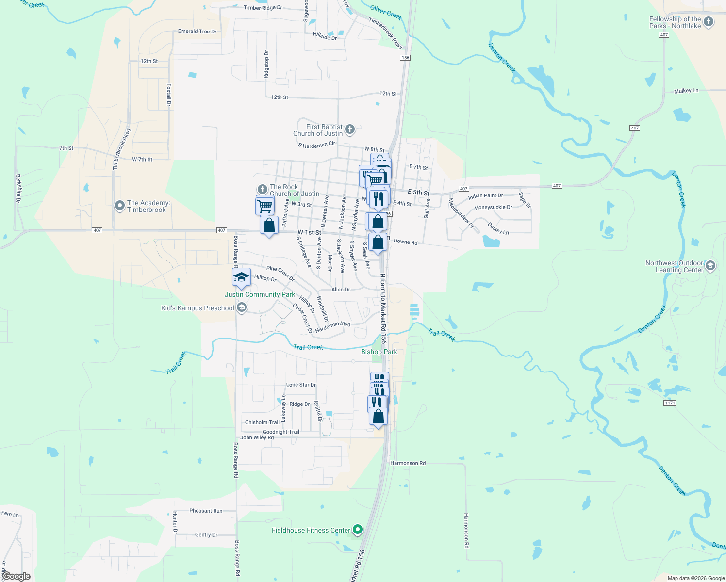map of restaurants, bars, coffee shops, grocery stores, and more near 203 Allen Drive in Justin