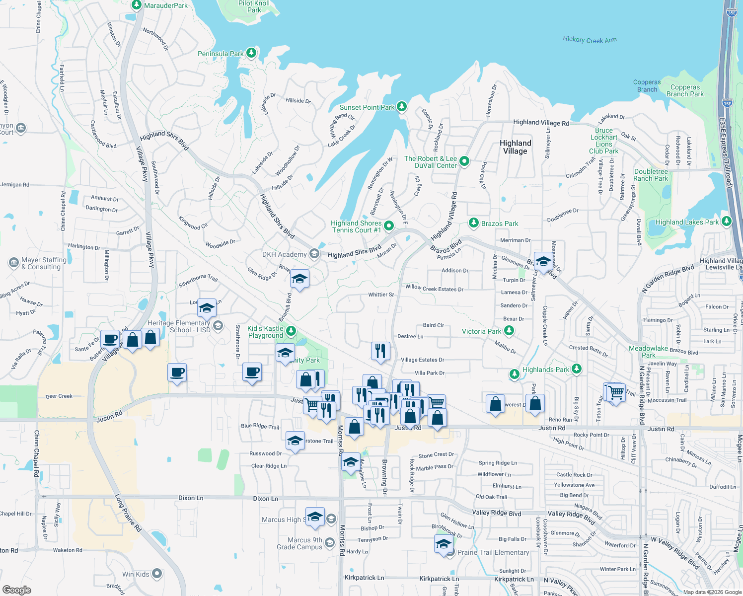 map of restaurants, bars, coffee shops, grocery stores, and more near 313 Whittier St in Highland Village