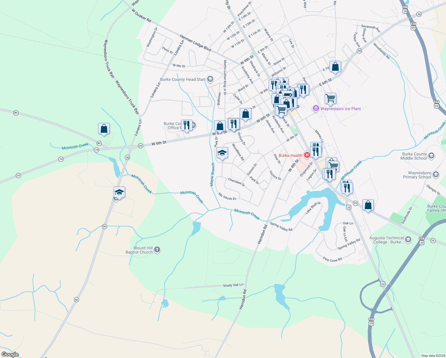 map of restaurants, bars, coffee shops, grocery stores, and more near 602 Edgewood Dr in Waynesboro