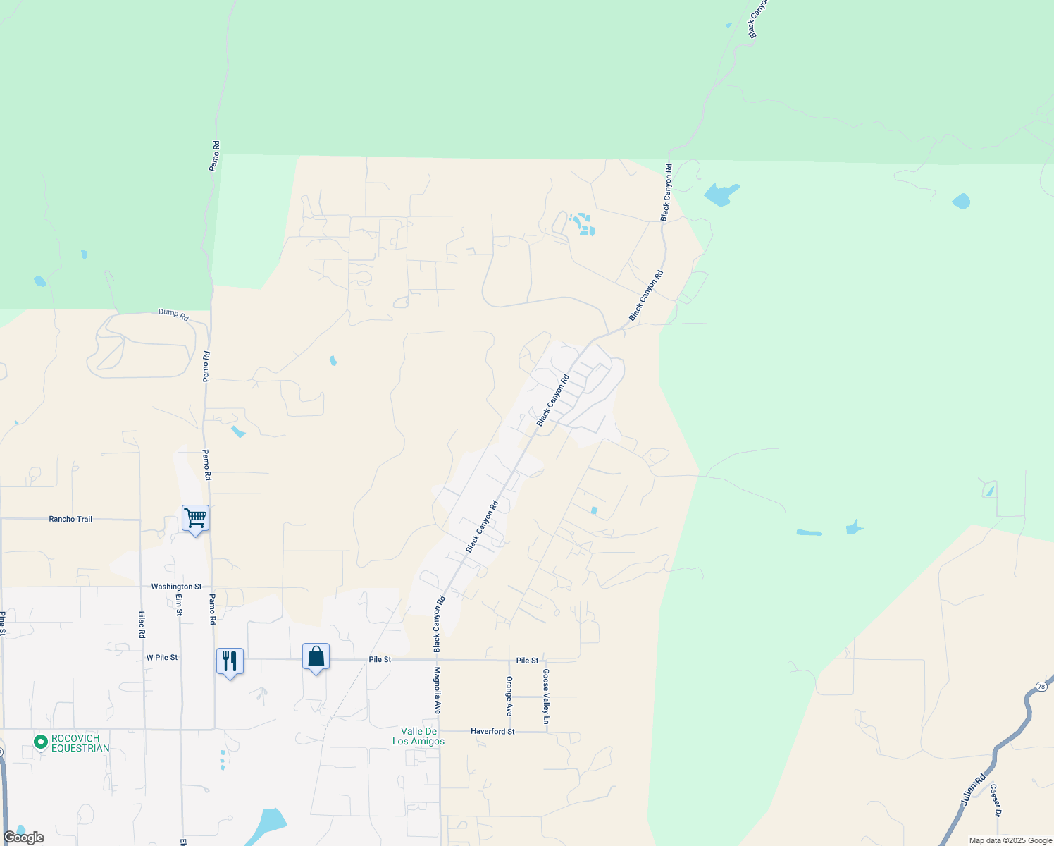 map of restaurants, bars, coffee shops, grocery stores, and more near 2242 Black Canyon Road in Ramona
