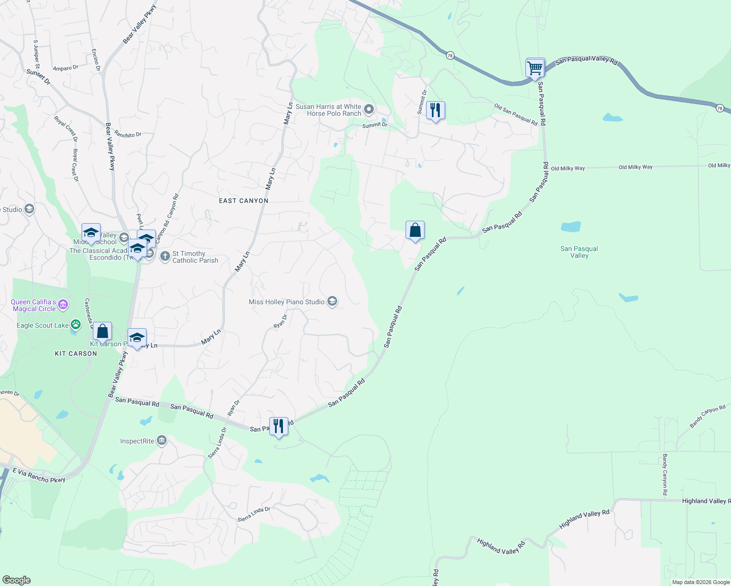 map of restaurants, bars, coffee shops, grocery stores, and more near 2955 Anaheim Street in Escondido