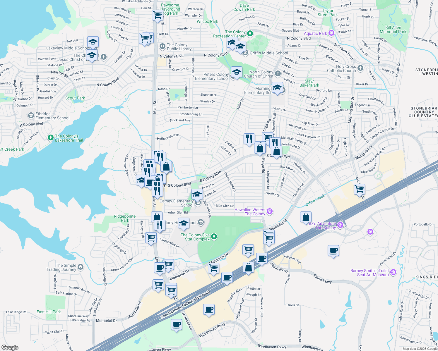 map of restaurants, bars, coffee shops, grocery stores, and more near 5060 South Colony Boulevard in The Colony