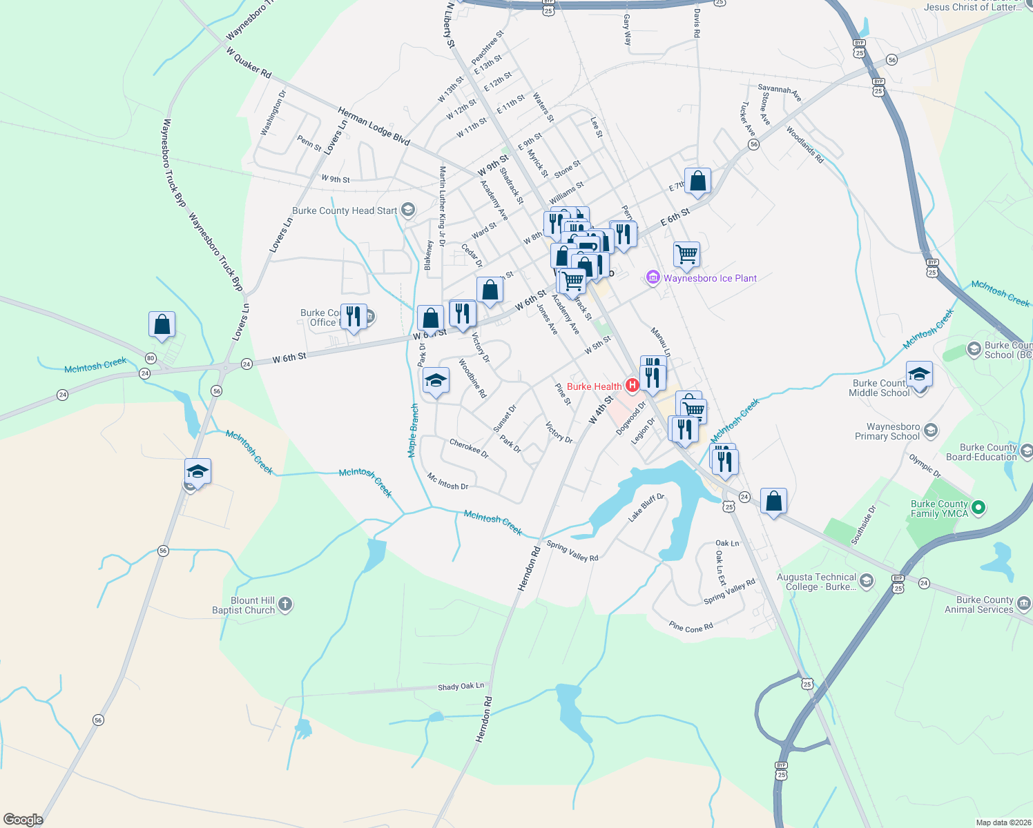 map of restaurants, bars, coffee shops, grocery stores, and more near 509 Sunset Dr in Waynesboro