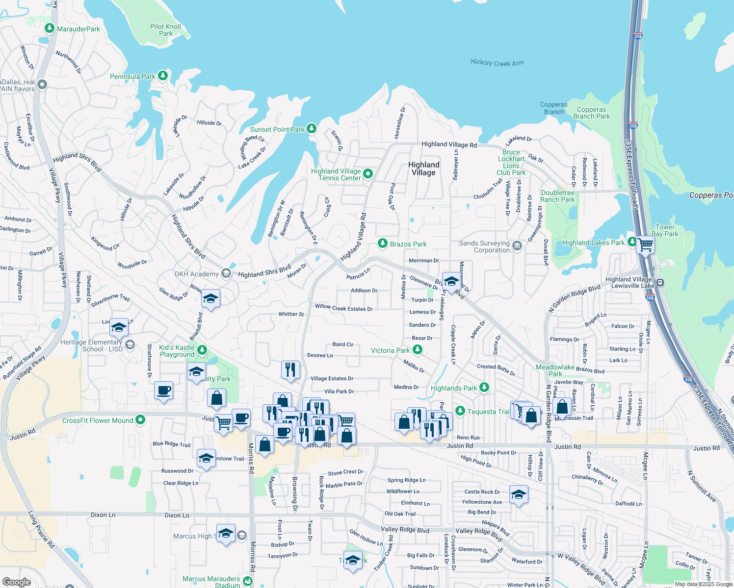 map of restaurants, bars, coffee shops, grocery stores, and more near 130 Addison Drive in Highland Village
