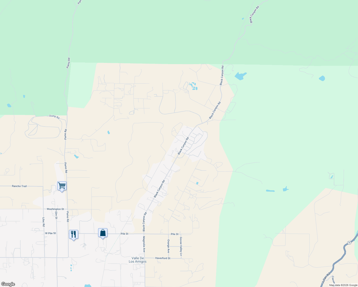 map of restaurants, bars, coffee shops, grocery stores, and more near 2344 Black Canyon Road in Ramona