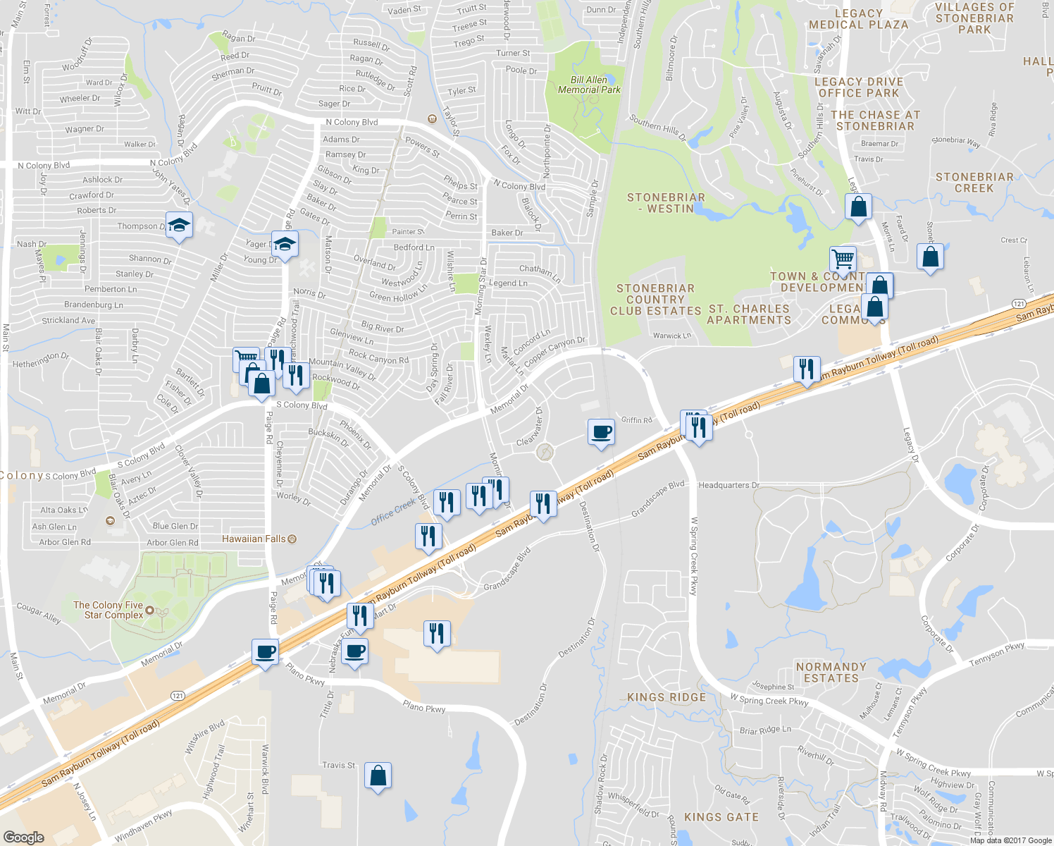 map of restaurants, bars, coffee shops, grocery stores, and more near 5856 Stone Mountain Rd in The Colony