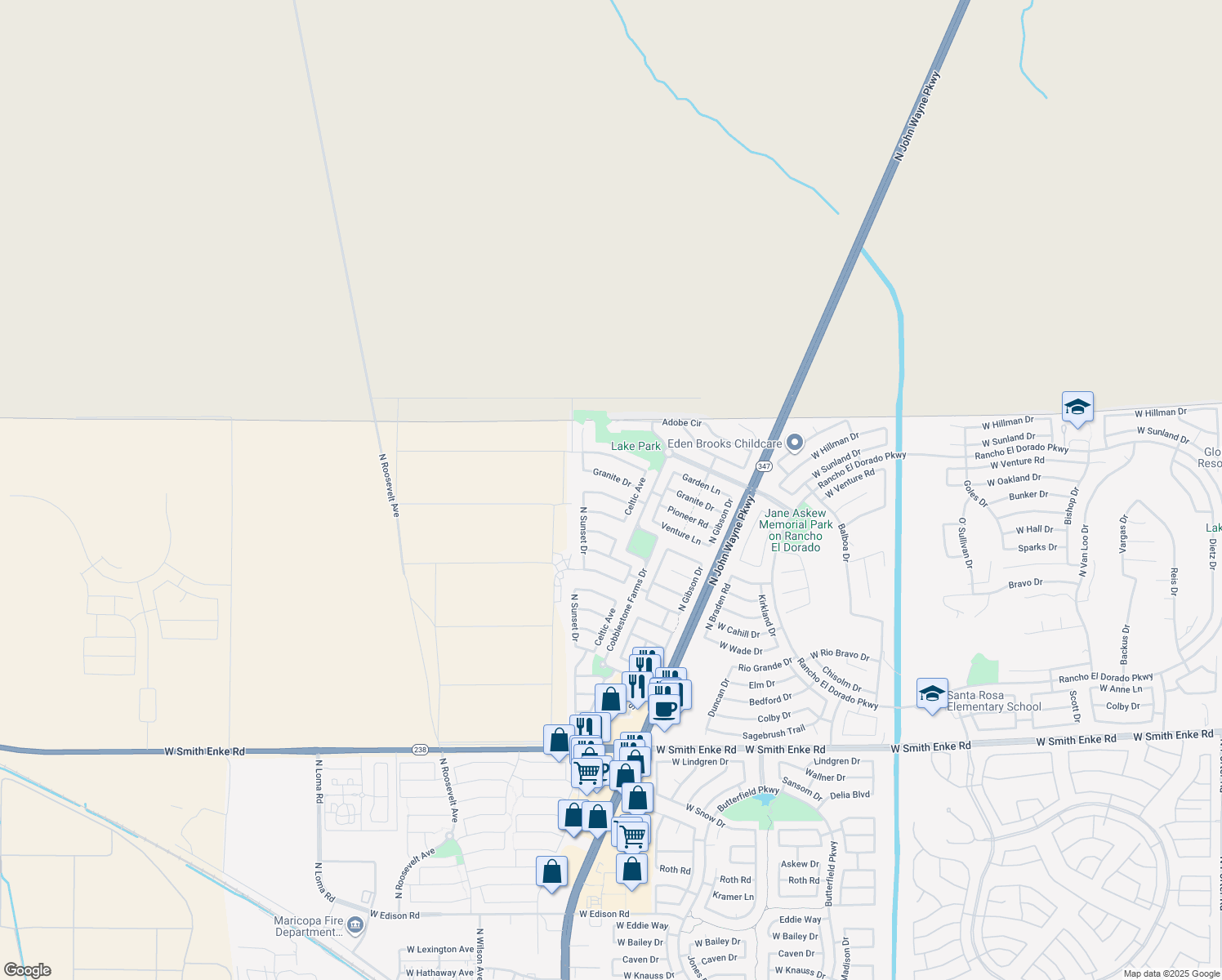 map of restaurants, bars, coffee shops, grocery stores, and more near 44562 Venture Lane in Maricopa
