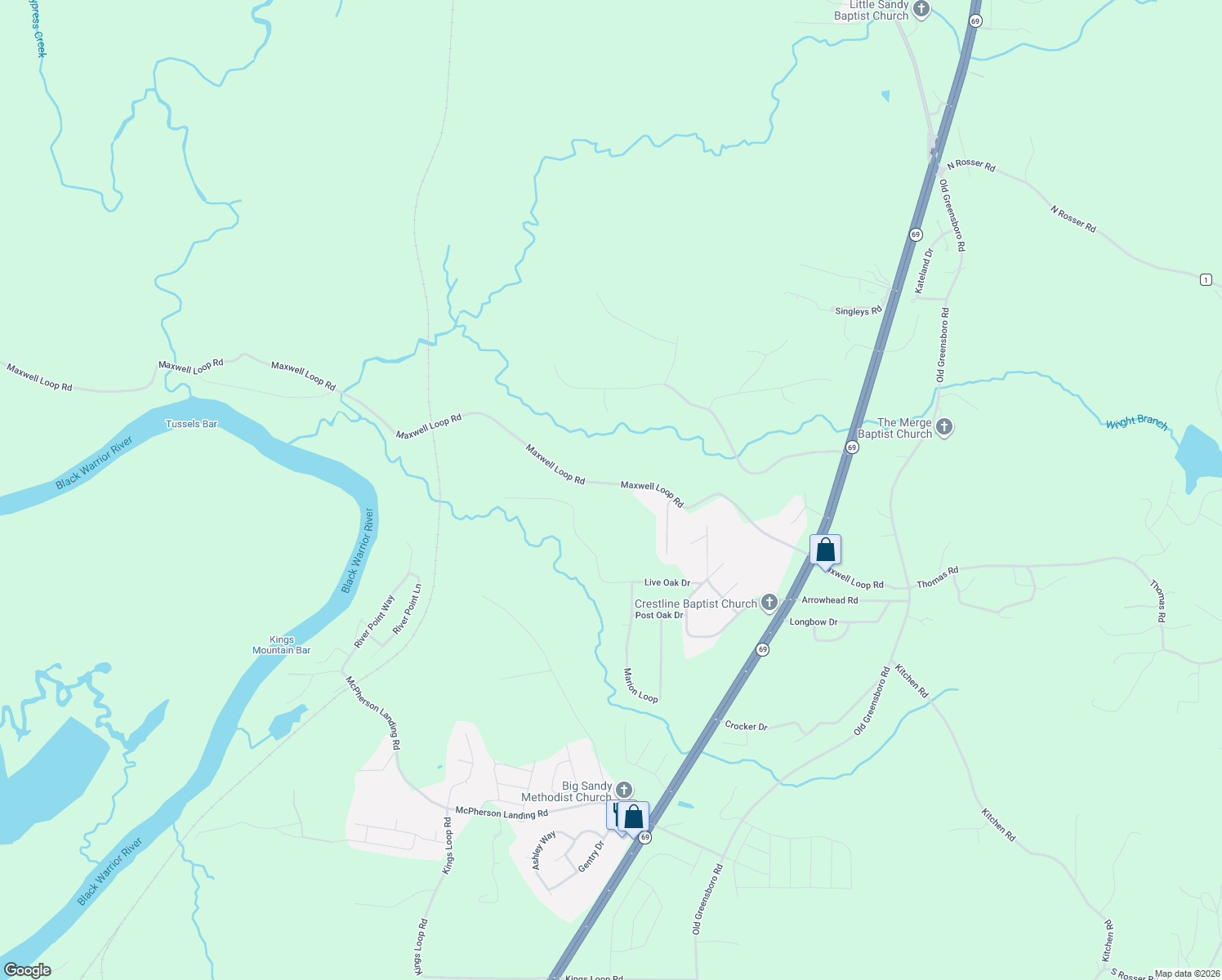 map of restaurants, bars, coffee shops, grocery stores, and more near 11550 Maxwell Loop Road in Tuscaloosa