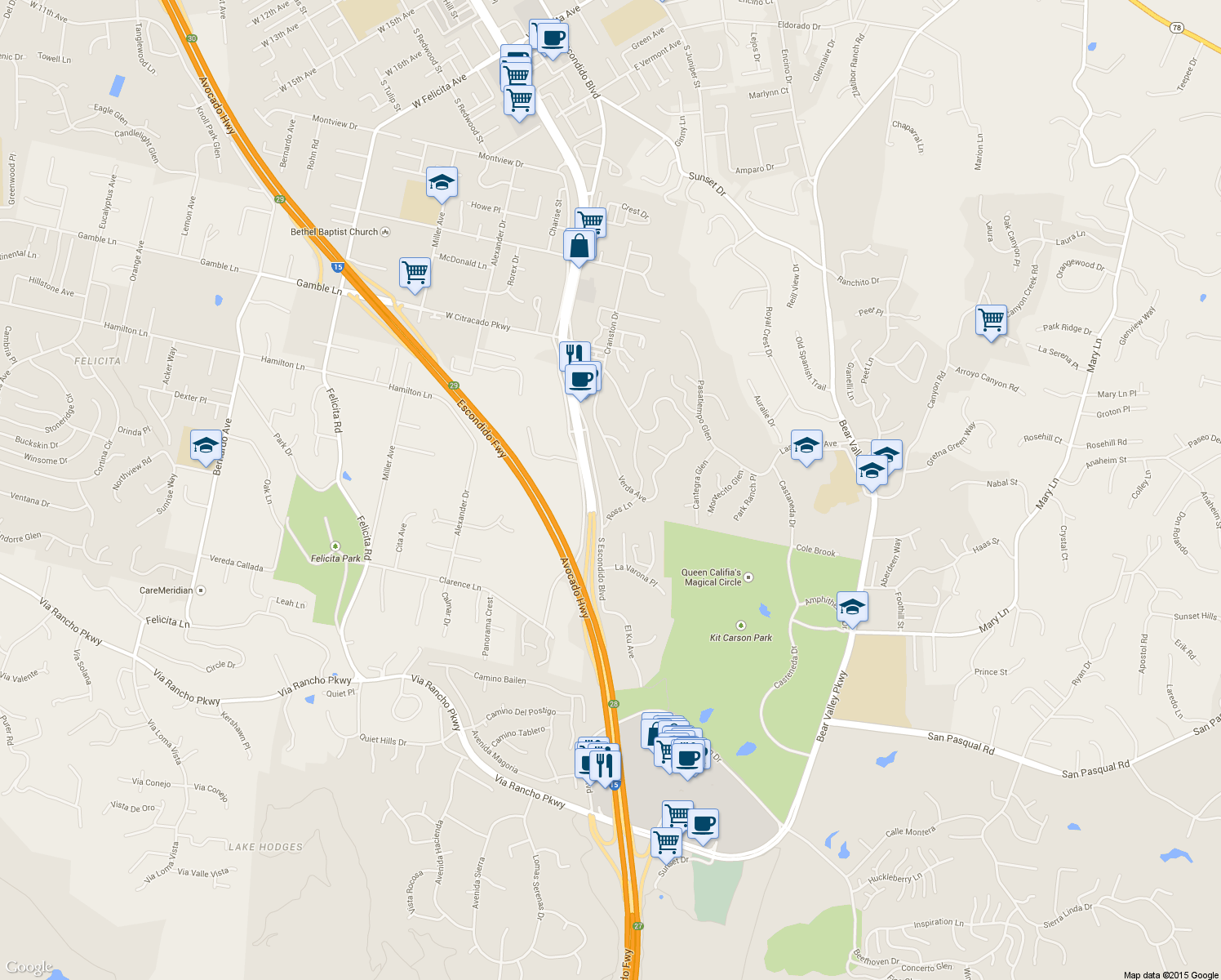 map of restaurants, bars, coffee shops, grocery stores, and more near 2805 Verda Ave in Escondido