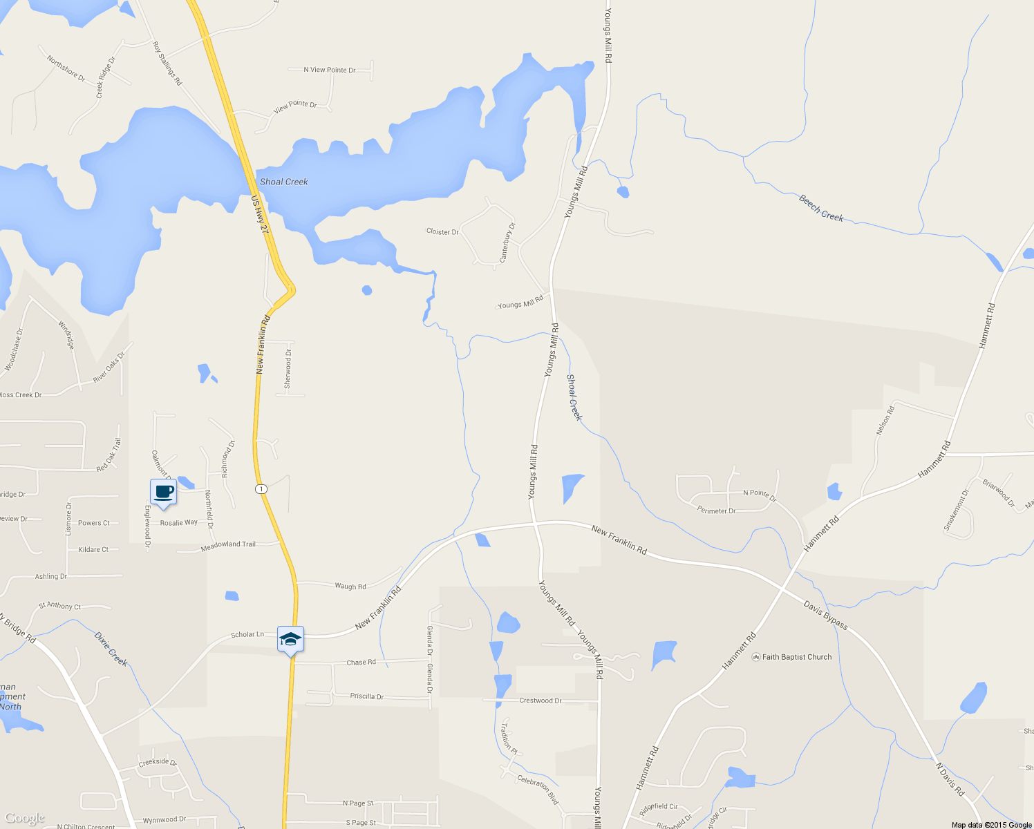 map of restaurants, bars, coffee shops, grocery stores, and more near 1363 Youngs Mill Road in LaGrange