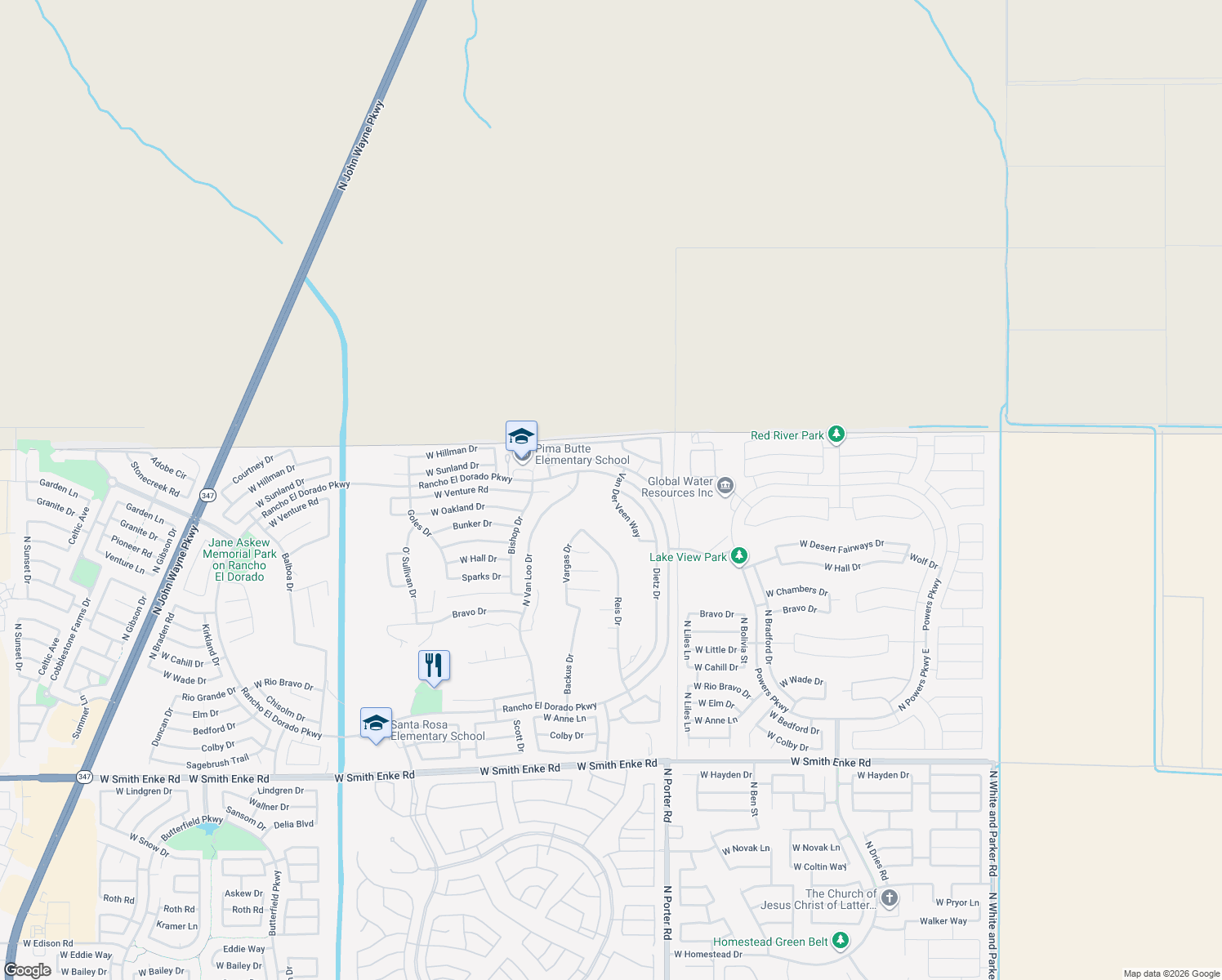 map of restaurants, bars, coffee shops, grocery stores, and more near 22552 Van Der Veen Way in Maricopa