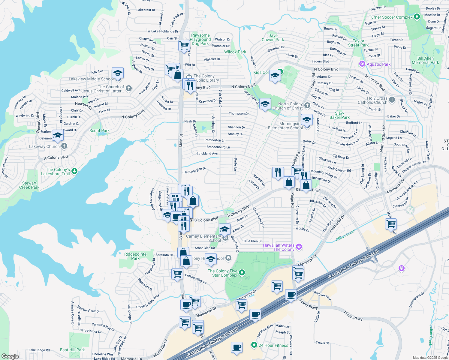 map of restaurants, bars, coffee shops, grocery stores, and more near 5009 Crutchberry Place in The Colony