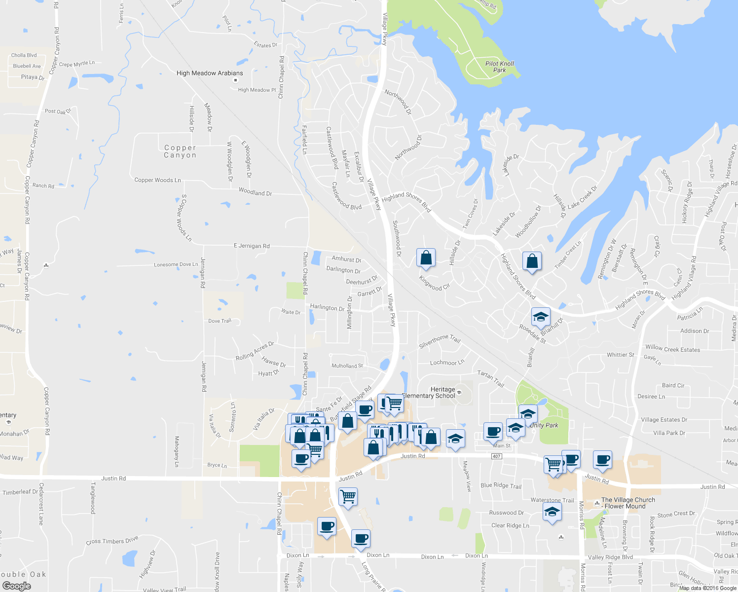map of restaurants, bars, coffee shops, grocery stores, and more near 4102 Arron Ct in Highland Village