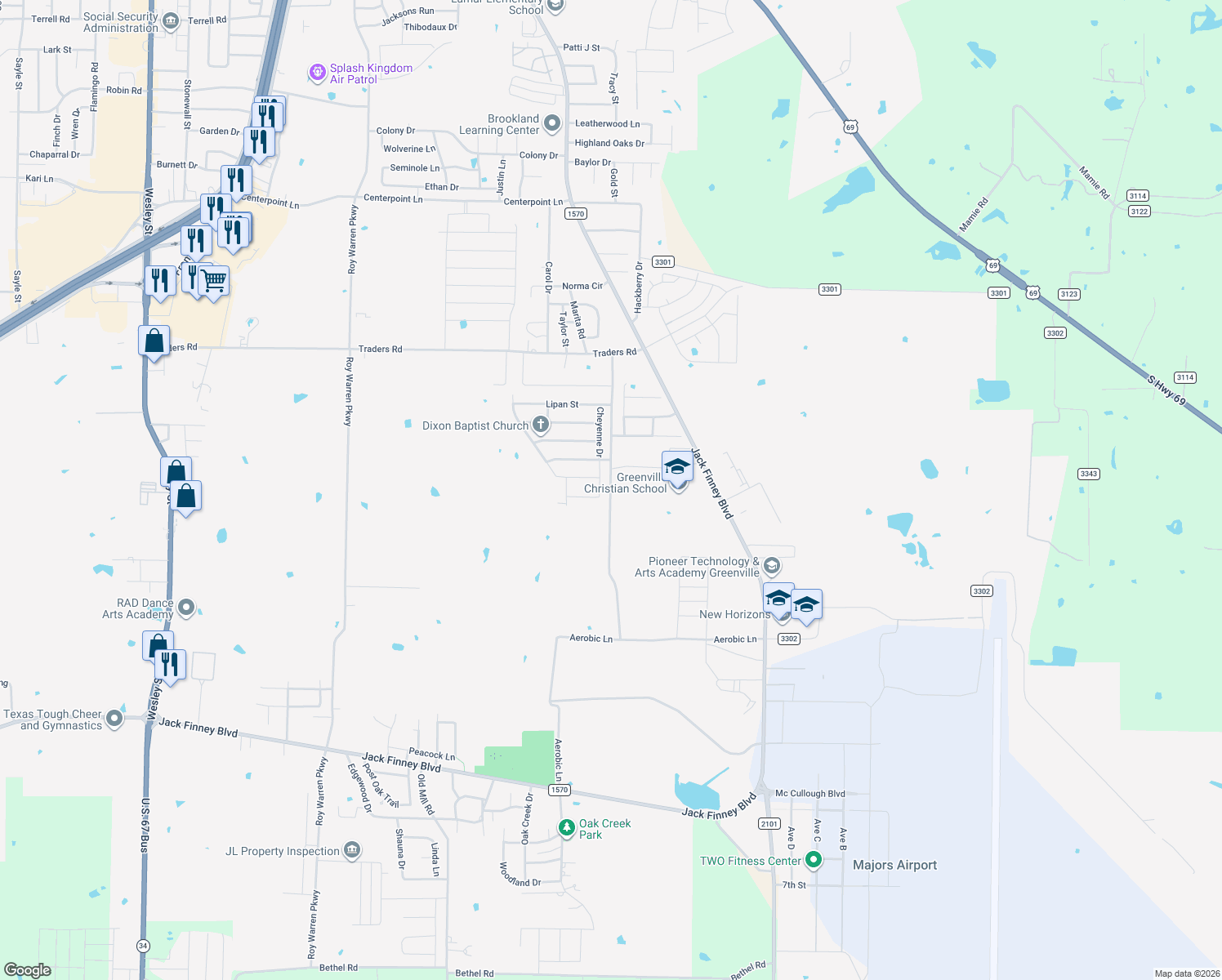 map of restaurants, bars, coffee shops, grocery stores, and more near Cedar Creek Dr in Greenville