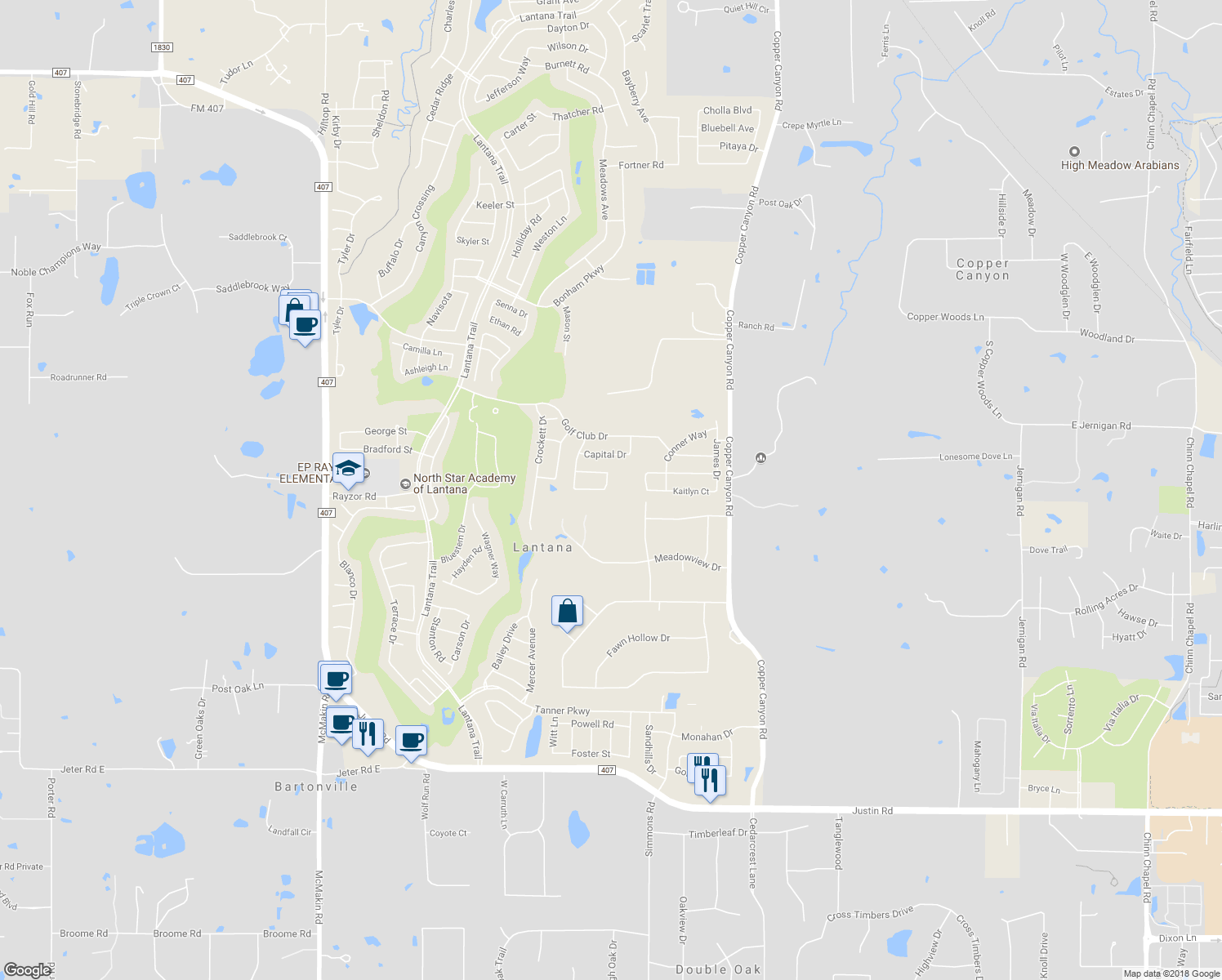 map of restaurants, bars, coffee shops, grocery stores, and more near 1210 Central Way in Argyle