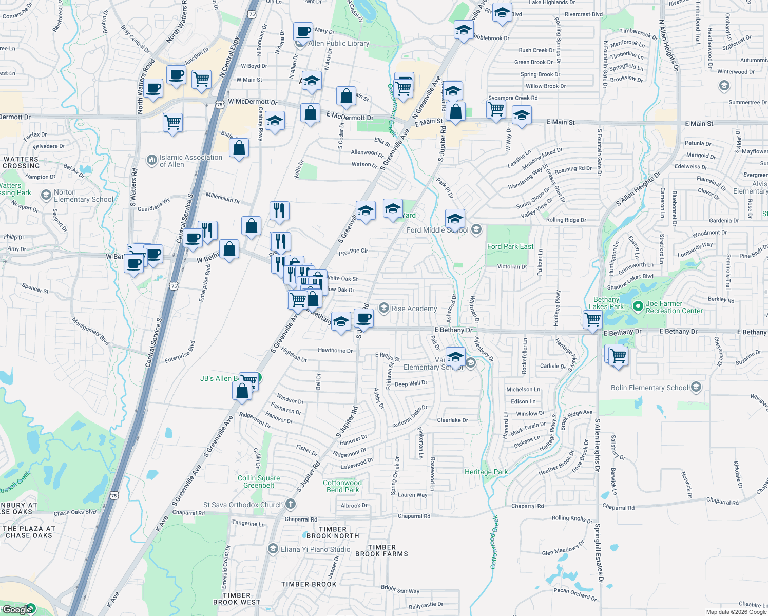 map of restaurants, bars, coffee shops, grocery stores, and more near 608 English Oak Street in Allen
