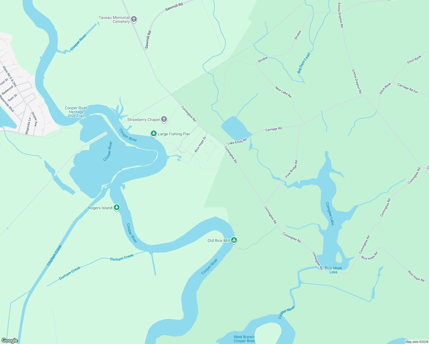 map of restaurants, bars, coffee shops, grocery stores, and more near 262 Rice Hope Drive in Moncks Corner