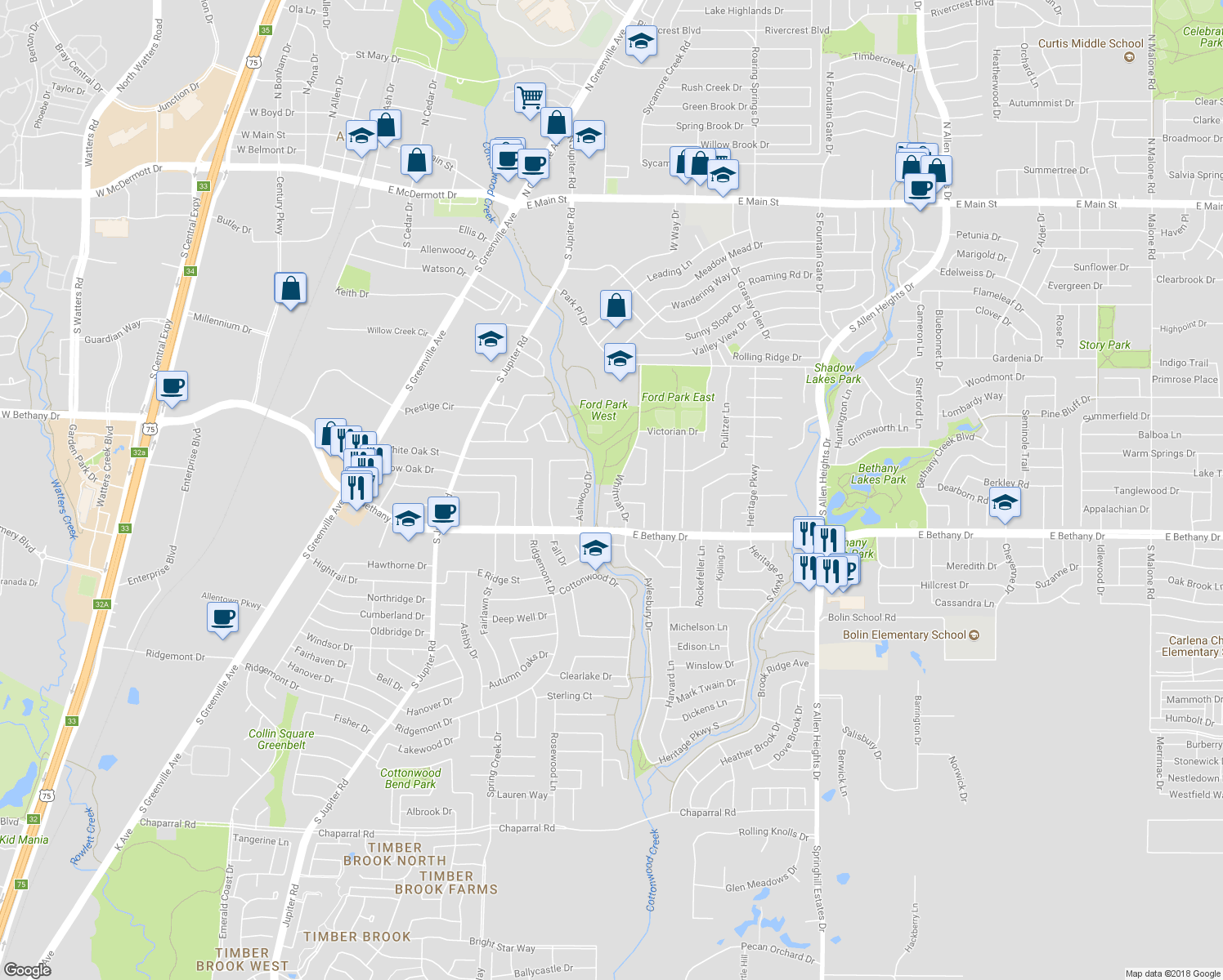 map of restaurants, bars, coffee shops, grocery stores, and more near 905 Whitman Circle in Allen