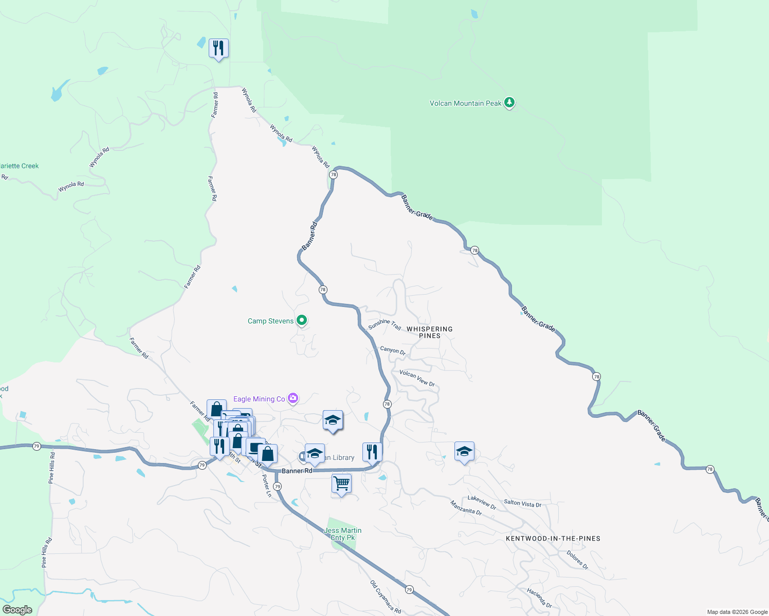 map of restaurants, bars, coffee shops, grocery stores, and more near 1679 Whispering Pines Drive in Julian