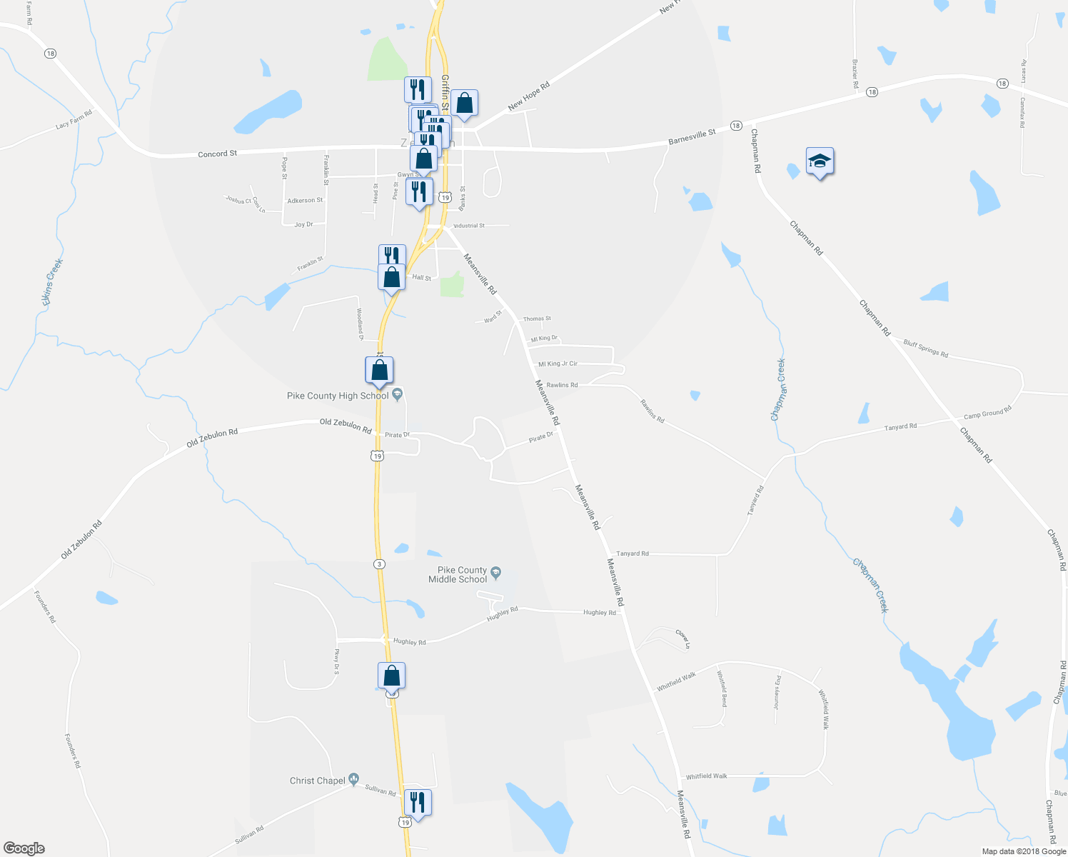 map of restaurants, bars, coffee shops, grocery stores, and more near 607 Pirate Drive in Zebulon