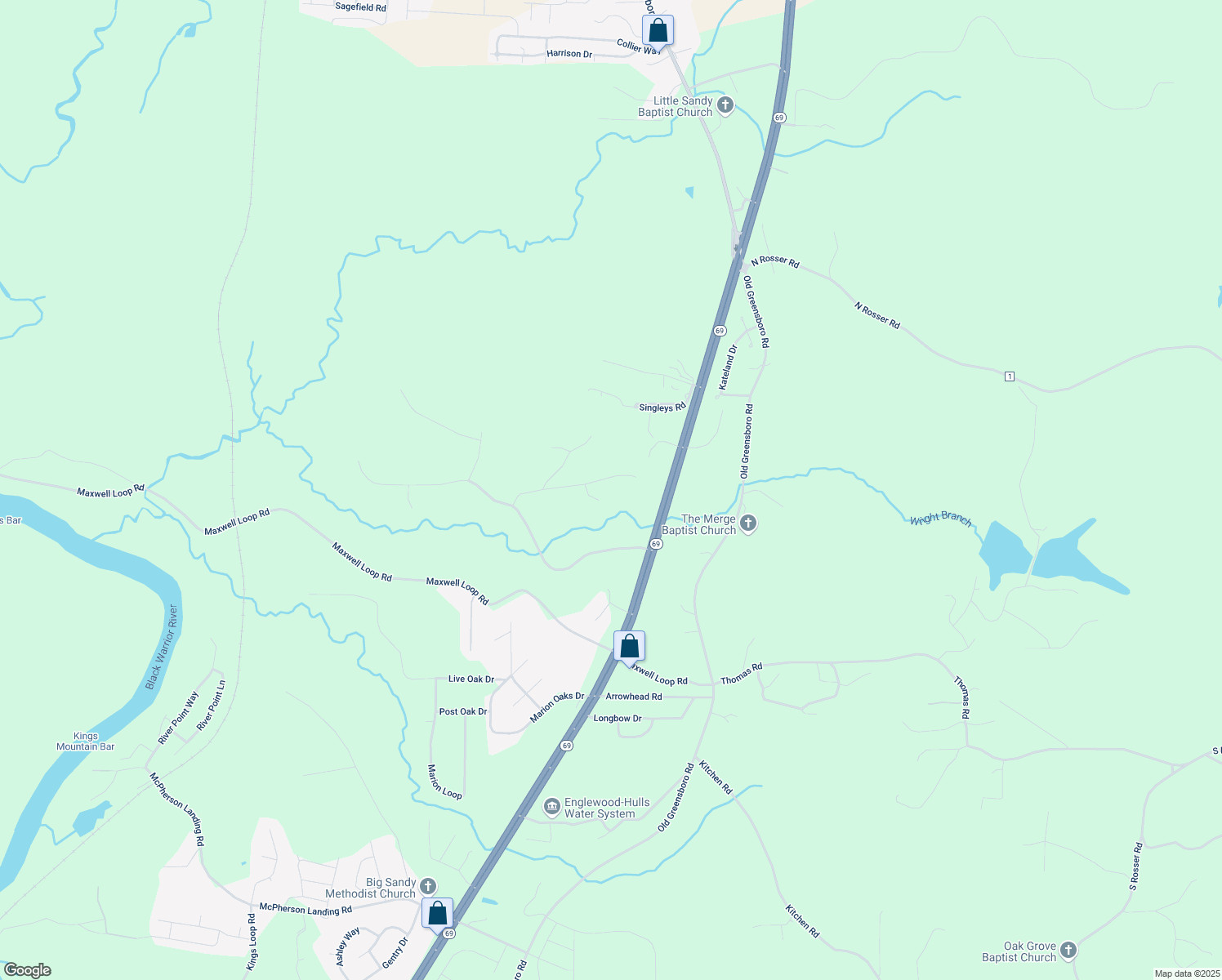 map of restaurants, bars, coffee shops, grocery stores, and more near 13634 Woodbank Circle in Tuscaloosa